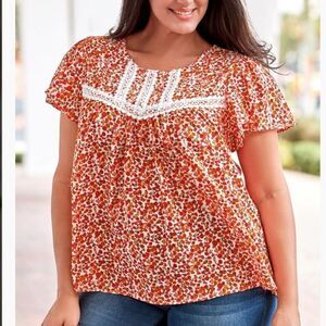 FLORAL PRINTED LACE TRIM PLUS RUFFLE SLEEVE BLOUSE NWOT